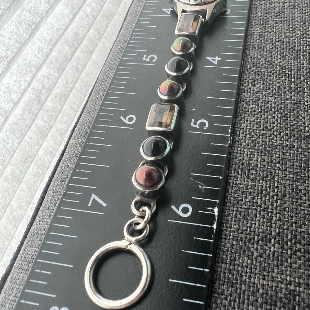 Vintage Peyote Bird Smoky Quartz Navajo Pearl Black Onyx & Silver Watch Bracelet - Picture 12 of 17